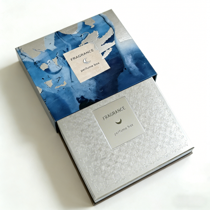 Προσκόπηση από κοντά του κουτιού συσκευασίας αρώματος με σφραγίσματα από αργυρό φύλλο και λεπτομέρειες ανάγλυψης