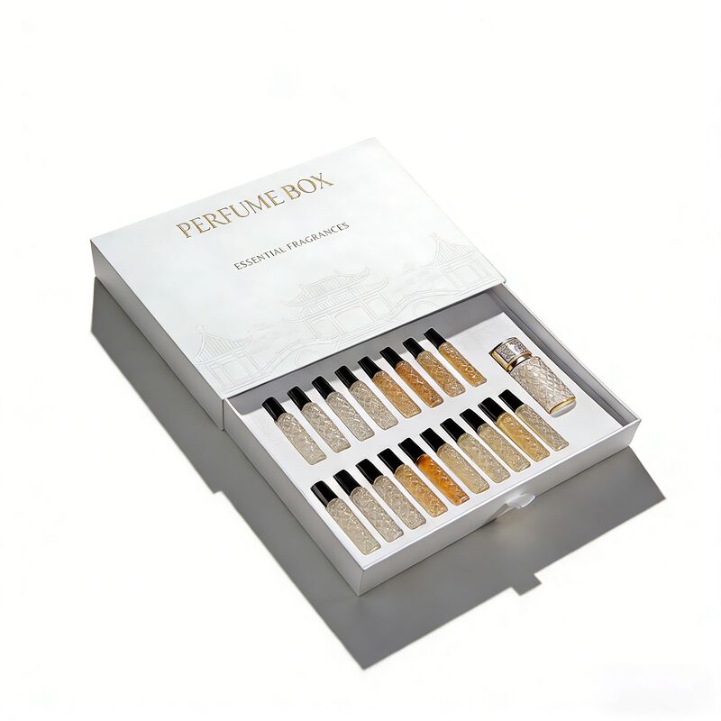 Συσκευασία κουτιού αρωμάτων τύπου συρταριού με προσαρμοσμένο λογότυπο και φιλικά προς το περιβάλλον υλικά για συσκευασία δειγμάτων πολυτελών αρωμάτων